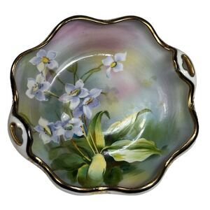 Vintage Nippon Hand Painted Candy Dish Nut Bowl Trinket Dish Gold Trim Floral